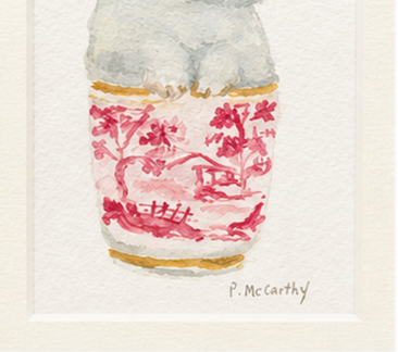 Pat McCarthy Bunny in Red Chinoiserie Beaker — Original Watercolor, Gold Beaded Frame