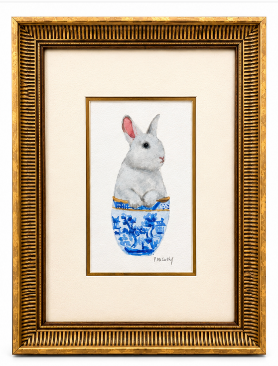Pat McCarthy Bunny in Blue Willow Bowl — Original Watercolor, Gold Frame