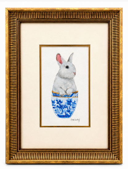 Pat McCarthy Bunny in Blue Willow Bowl — Original Watercolor, Gold Frame