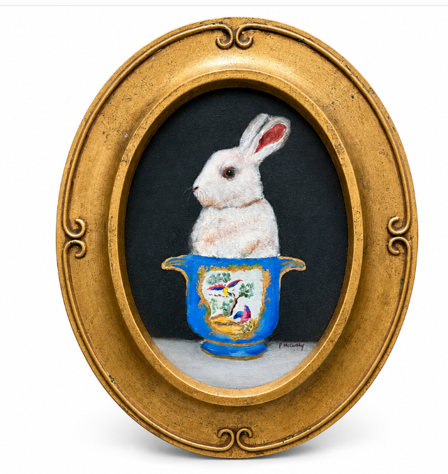 Pat McCarthy Bunny in Sèvres Blue Cachepot. Original Oil, Oval Gilt Frame