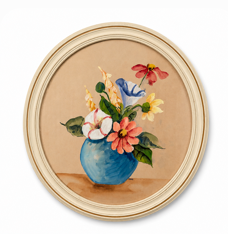 Vintage Round Floral Still Life Watercolor — Blue Vase Bouquet, Signed Denis