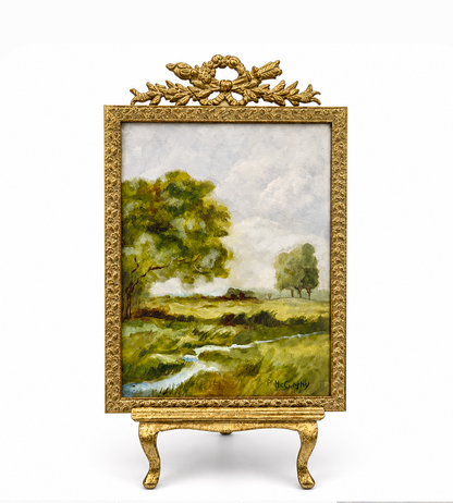 Vintage Pastoral Landscape Oil Painting. Green Field &amp; Stream, Signed Pat McCarthy