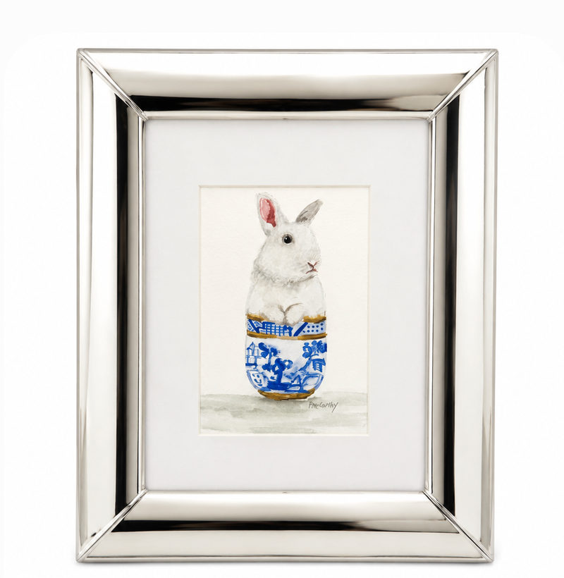 Vintage Watercolor Painting of a Rabbit in a Blue Willow Bowl — Signed Pat McCarthy