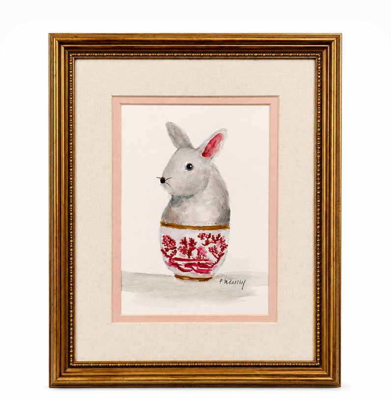 Vintage Watercolor Painting of a Rabbit in a Red Transferware Bowl — Signed Pat McCarthy