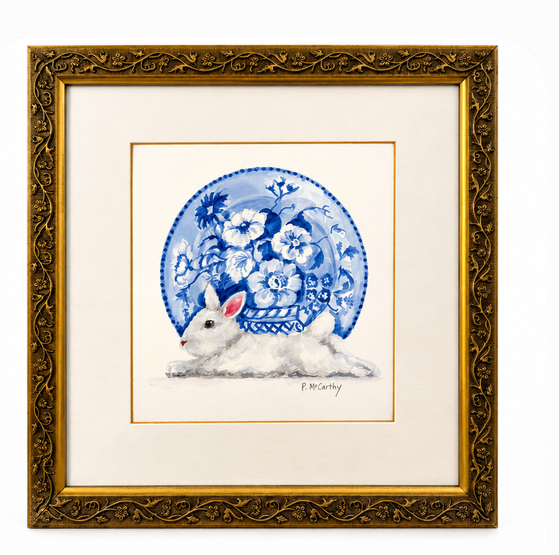 Vintage Watercolor Painting of a Rabbit — Blue &amp; White Chinoiserie, Signed Pat McCarthy