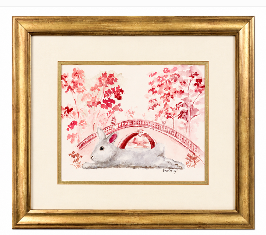 Vintage Watercolor Painting of a Rabbit — Pink Chinoiserie Garden, Signed Pat McCarthy