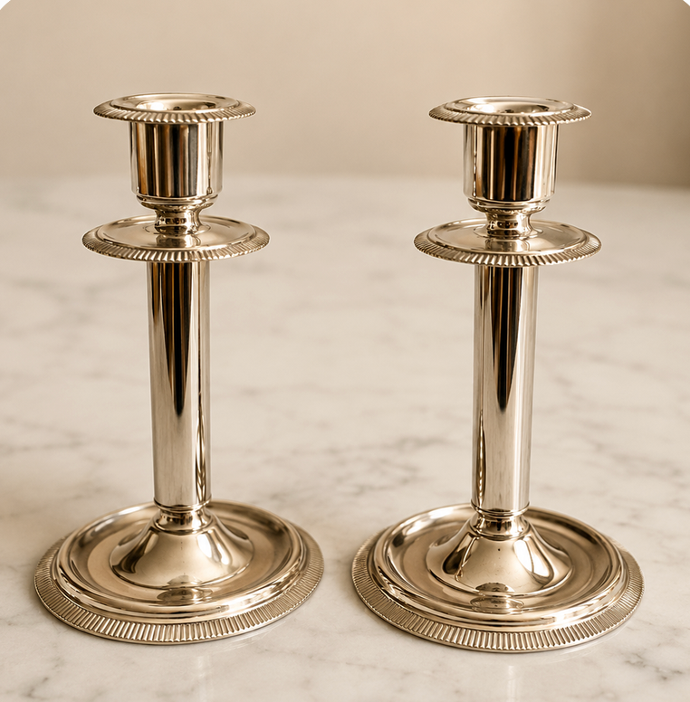 Vintage French Pewter Candlesticks, Pair, Reeded Taper Holders