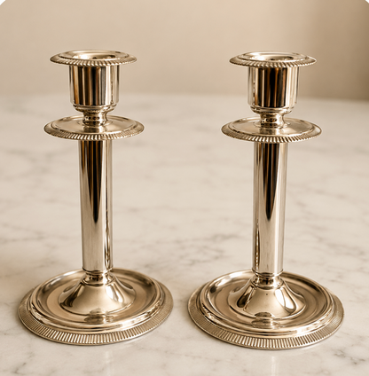 Vintage French Pewter Candlesticks, Pair, Reeded Taper Holders