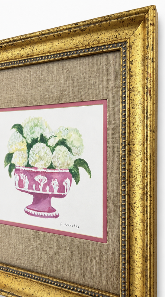 Pat McCarthy Hydrangea Watercolor in Raspberry Jasperware Urn, Gilt Framed
