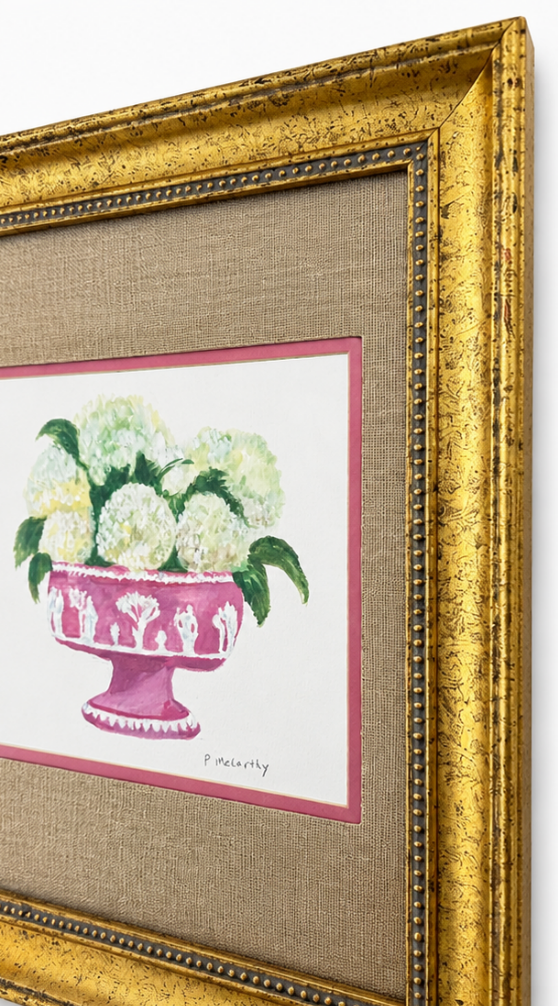 Pat McCarthy Hydrangea Watercolor in Raspberry Jasperware Urn, Gilt Framed