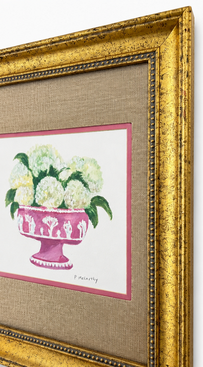 Pat McCarthy Hydrangea Watercolor in Raspberry Jasperware Urn, Gilt Framed