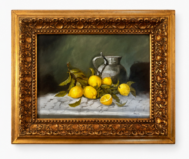 Nature morte vintage aux citrons. Huile sur panneau