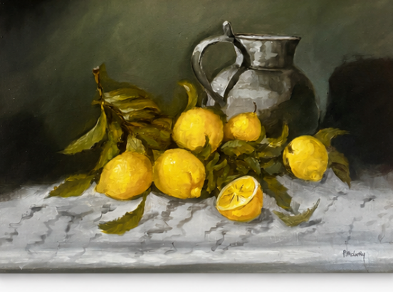 Nature morte vintage aux citrons. Huile sur panneau