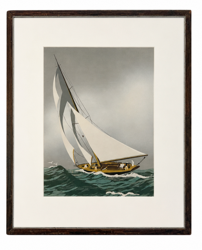 Racing Yacht at Speed, Vintage Mid-Century Sailing Serigraph, Framed