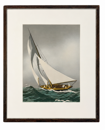 Racing Yacht at Speed, Vintage Mid-Century Sailing Serigraph, Framed