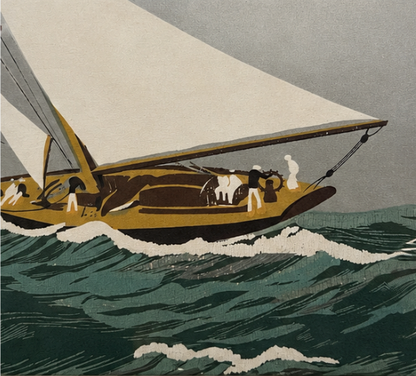 Racing Yacht at Speed, Vintage Mid-Century Sailing Serigraph, Framed