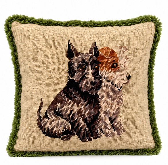 Vintage Needlepoint Dog Pillow with Green Fringe