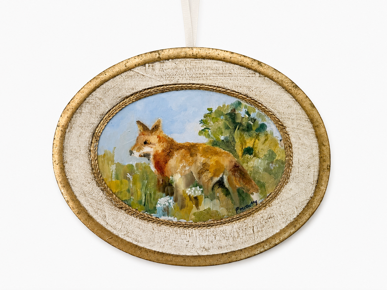 Fox in Meadow, Oval Florentine Board, Pat McCarthy
