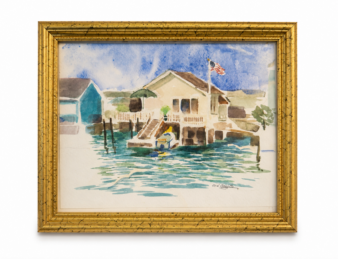 Vintage Coastal Watercolor of a Waterfront Cottage, Signed &amp; Framed