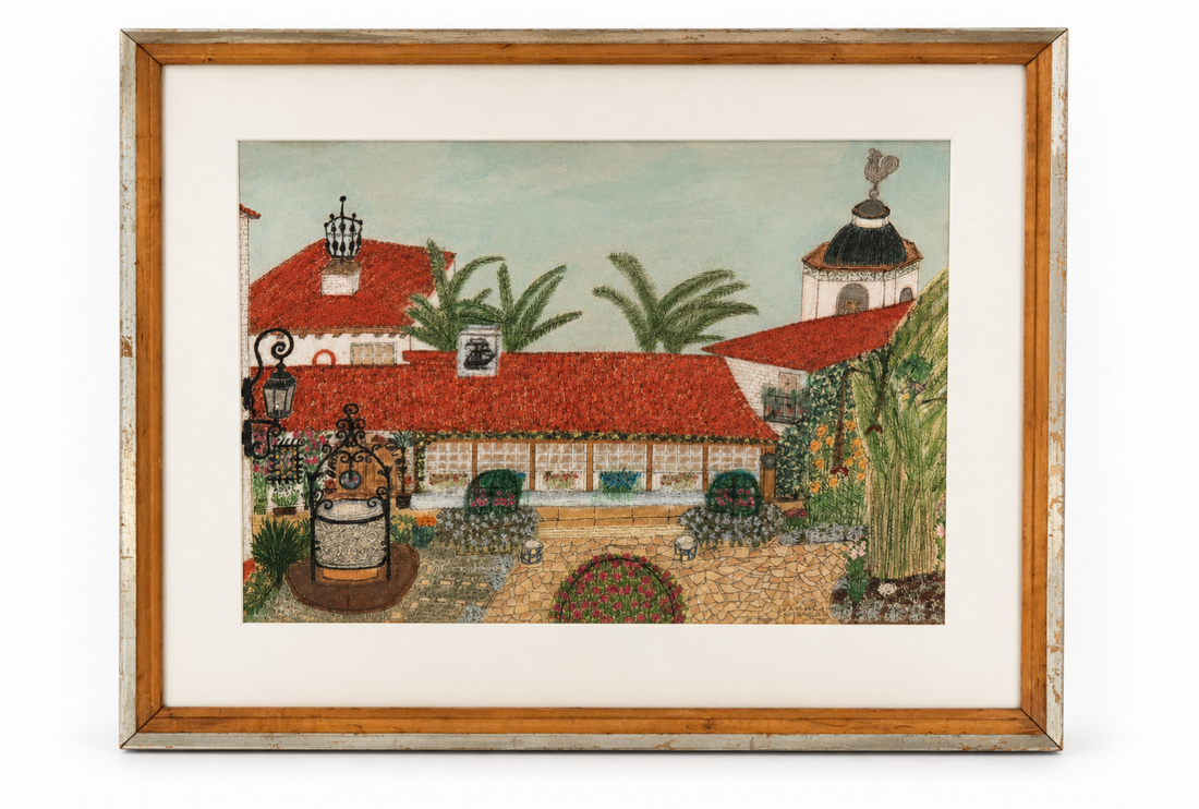Vintage California Courtyard Drawing, Red Tile Roofs, Framed