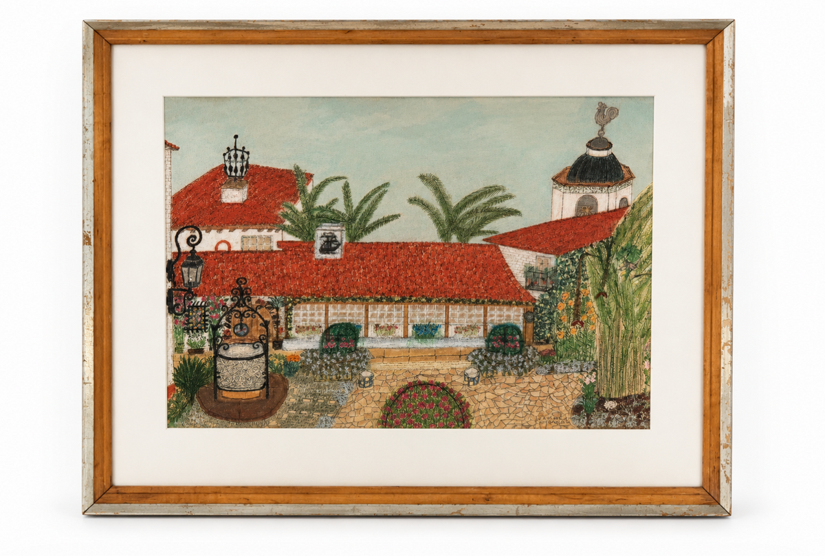 Vintage California Courtyard Drawing, Red Tile Roofs, Framed