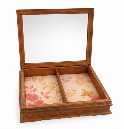 Vintage Wood Dresser Box with Mirror &amp; Floral Lining