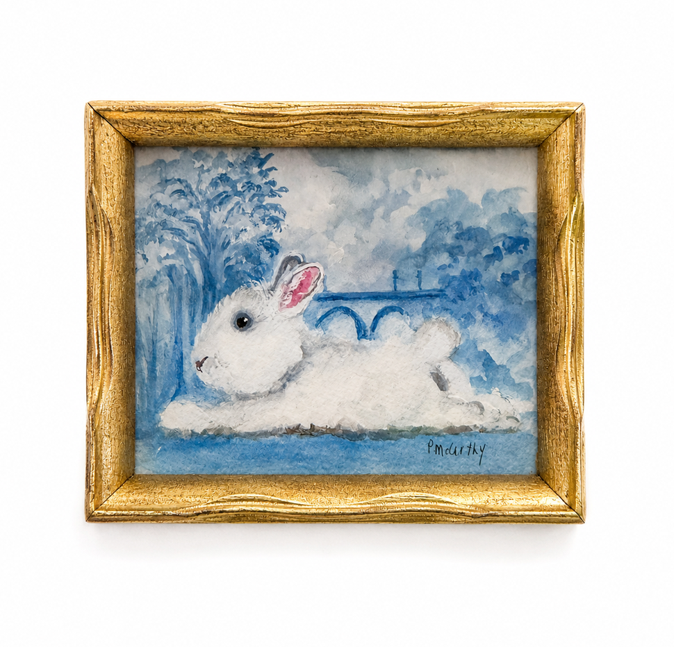 Vintage Rabbit Watercolor, Blue Garden Scene, Pat McCarthy