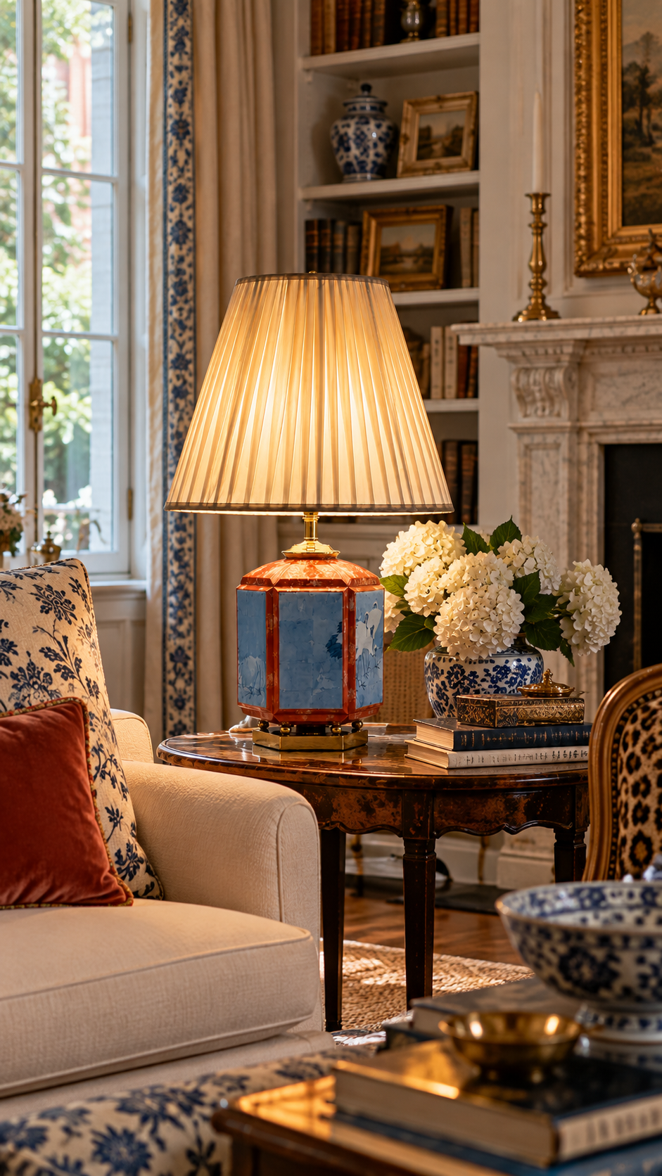 Vintage chinoiserie crane table lamp with hand-painted blue panels, coral frame and brass base