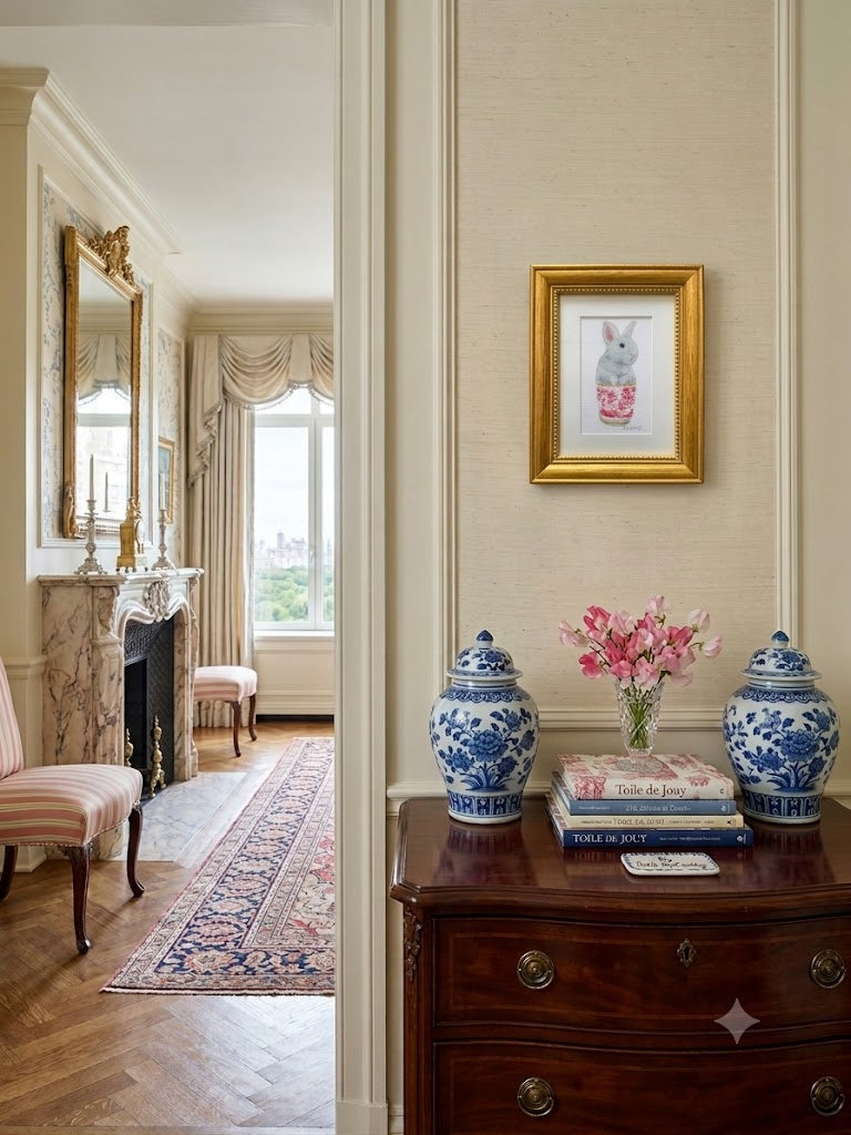 Pat McCarthy Bunny in Red Chinoiserie Beaker — Original Watercolor, Gold Beaded Frame