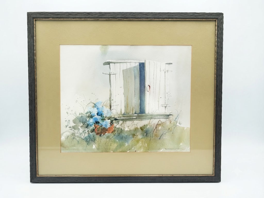 Vintage Watercolor, Weathered Door &amp; Blue Hydrangeas, Framed