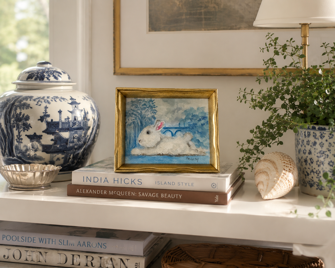 Vintage Rabbit Watercolor, Blue Garden Scene, Pat McCarthy