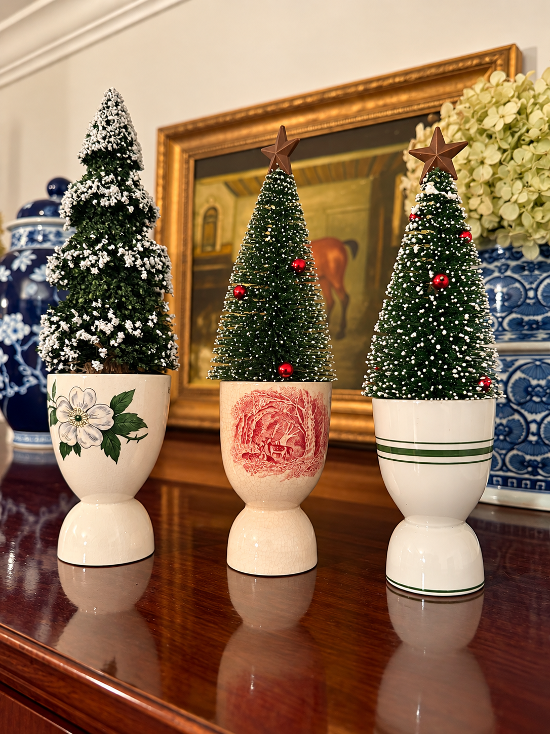 Vintage Ceramic Egg Cups – Floral, Red Transferware &amp; Green Stripe Set of 3 (Miniature trees not included)
