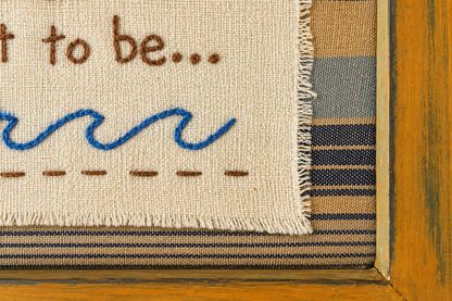 Vintage Framed Coastal Linen Sampler – “The Sea Is Where I Want to Be”