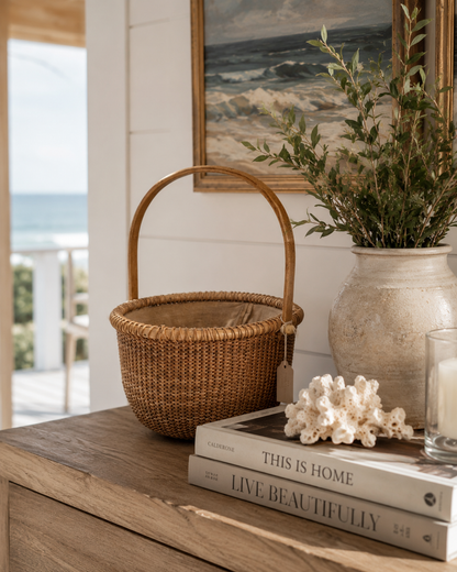 Cestino vintage intrecciato in stile Nantucket con fodera con coulisse
