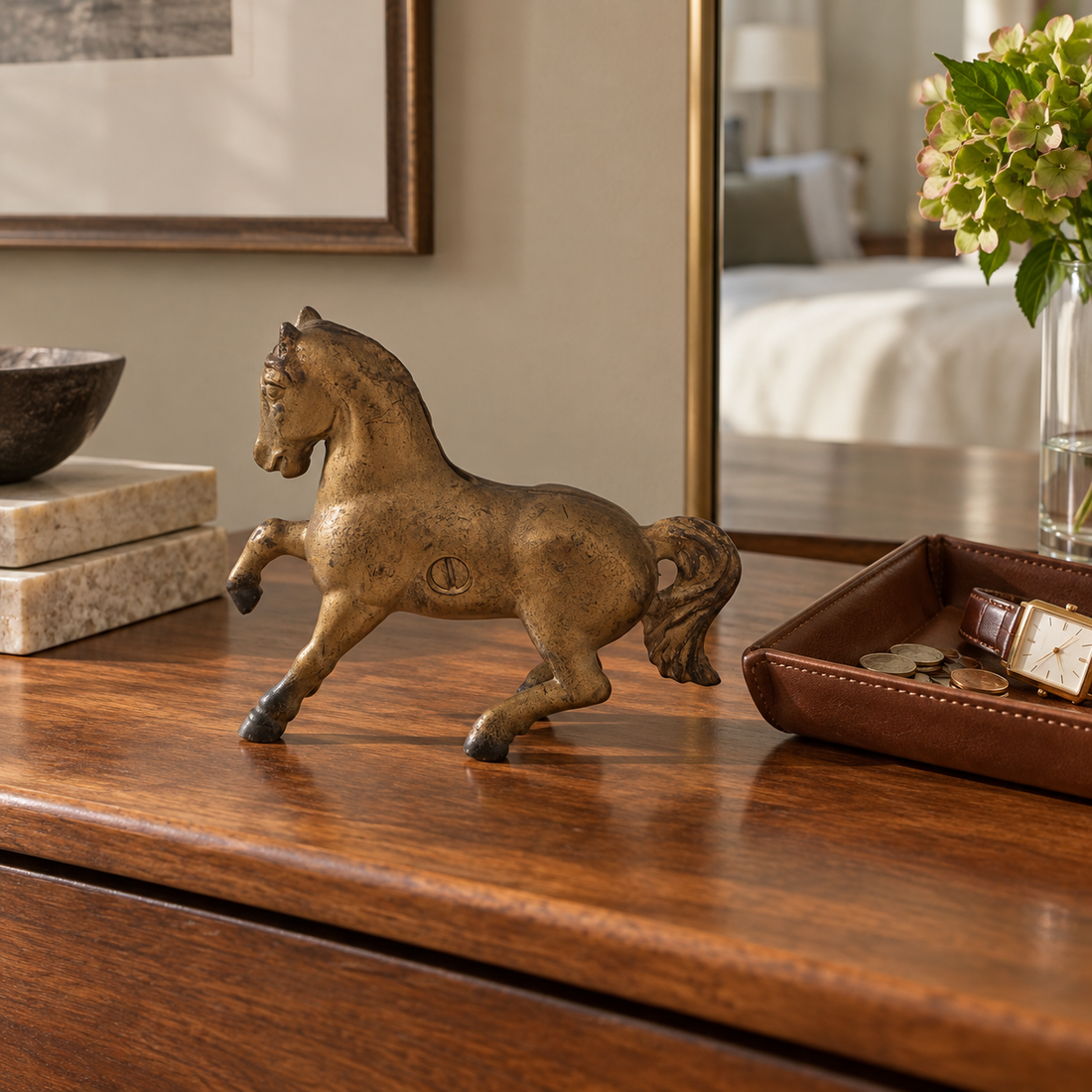 Gold painted cast iron prancing horse still bank on a walnut dresser beside a valet tray