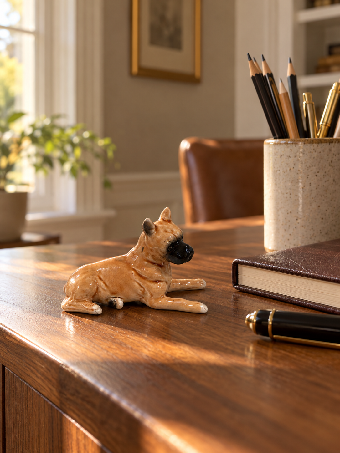 Small fawn porcelain boxer dog figurine resting on the corner of a walnut desk beside a leather notebook and fountain pen