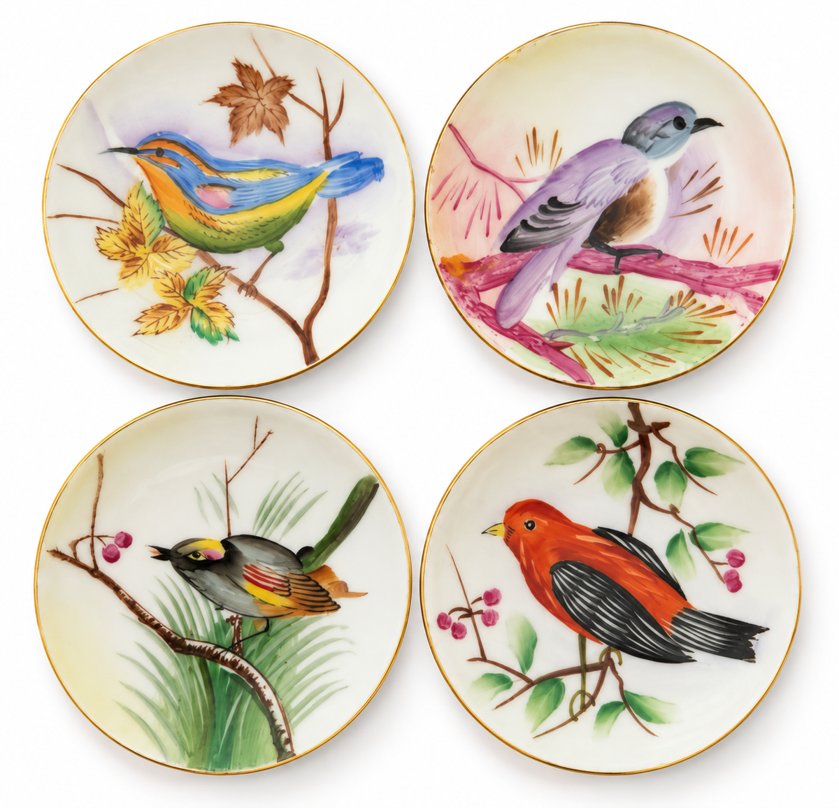 Set of 4 Vintage Hand-Painted Bird Porcelain Plates with Gold Trim