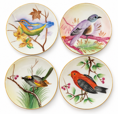 Set of 4 Vintage Hand-Painted Bird Porcelain Plates with Gold Trim