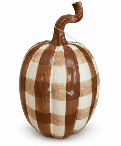 Vintage Brown &amp; Cream Buffalo Check Ceramic Pumpkin