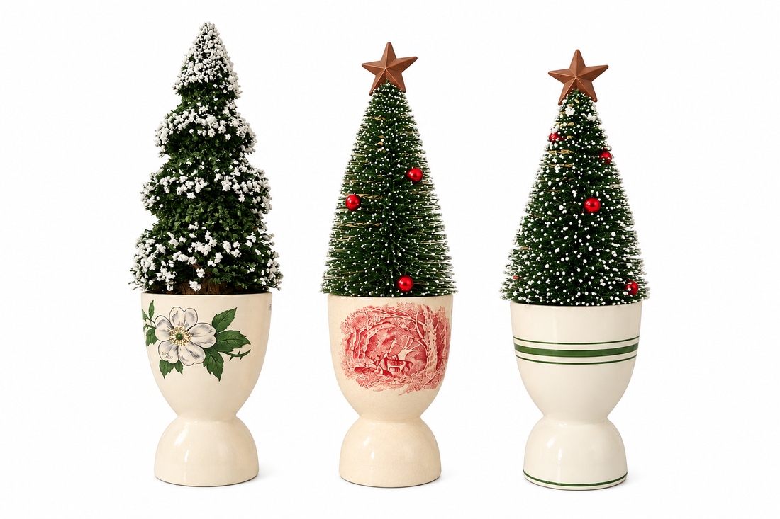 Vintage Ceramic Egg Cups – Floral, Red Transferware &amp; Green Stripe Set of 3 (Miniature trees not included)