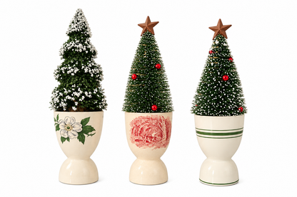 Vintage Ceramic Egg Cups – Floral, Red Transferware &amp; Green Stripe Set of 3 (Miniature trees not included)