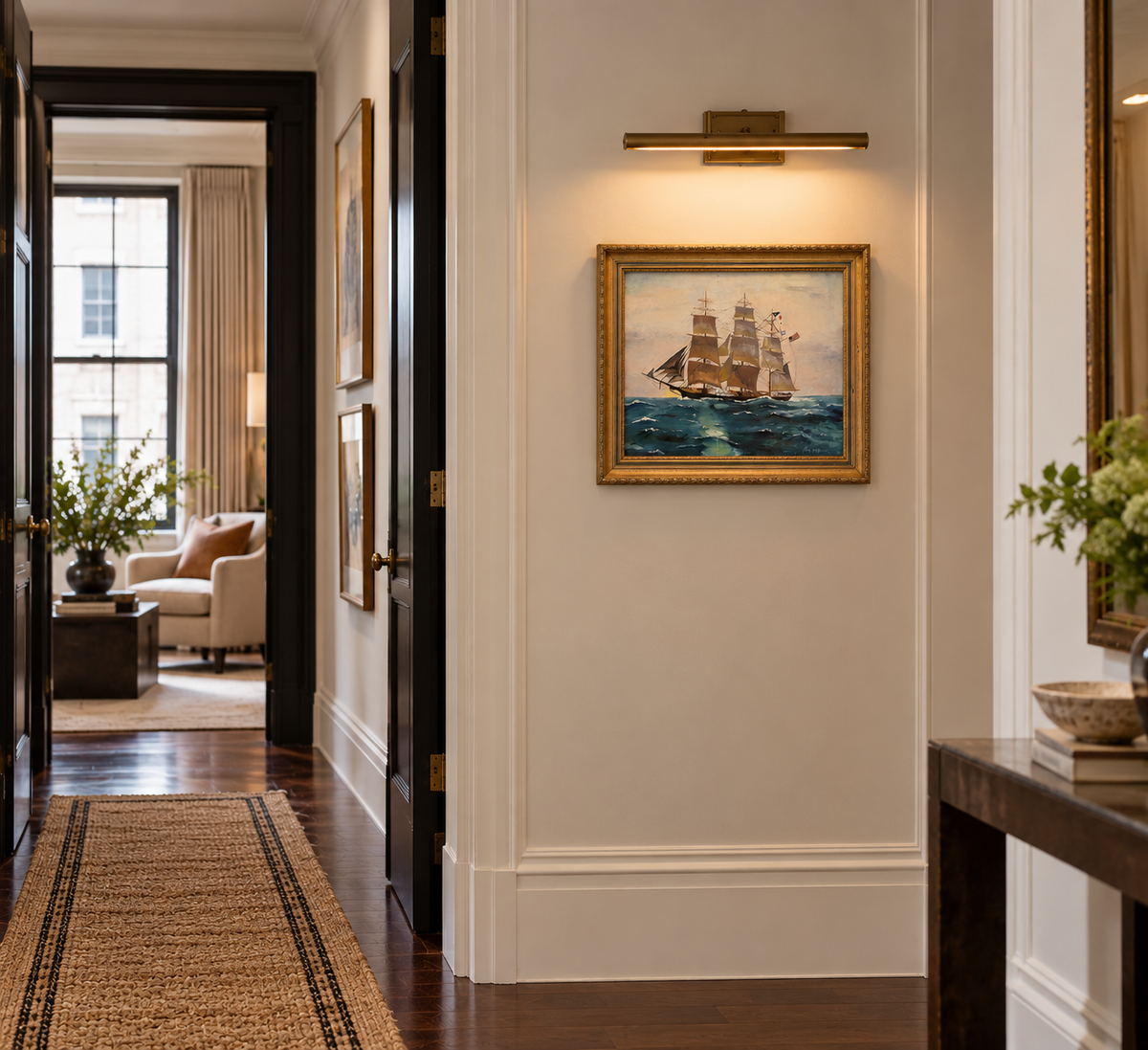 Mid-century painting of a three-masted American clipper ship, gilt frame