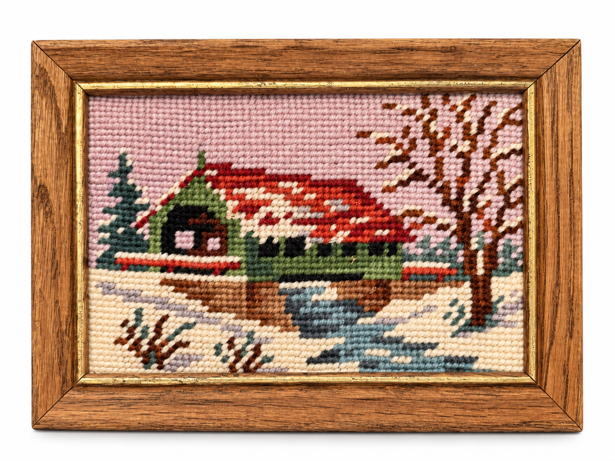 Vintage Needlepoint Cottage &amp; Flower Garden Scene in Wood Frame