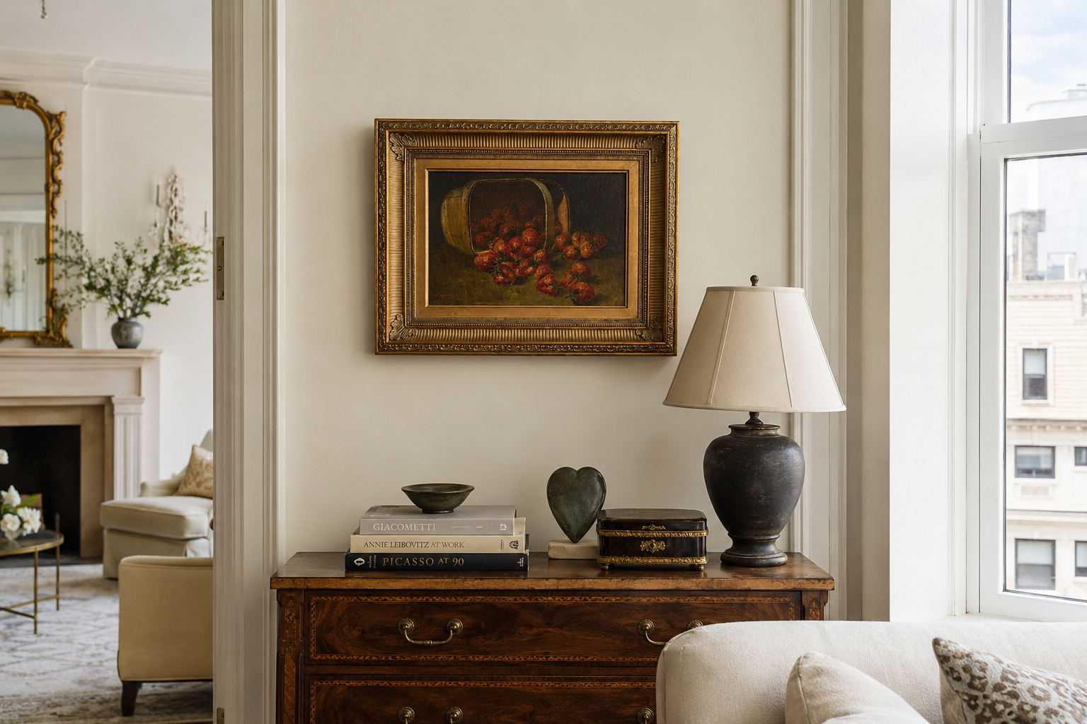 Vintage Spilled Strawberries Still Life Oil Painting, Wicker Basket, Carved Gilt Frame