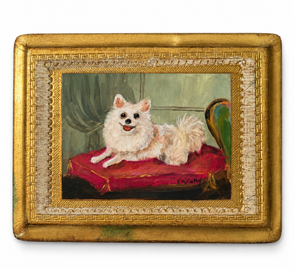 White dog on red cushion, detail
