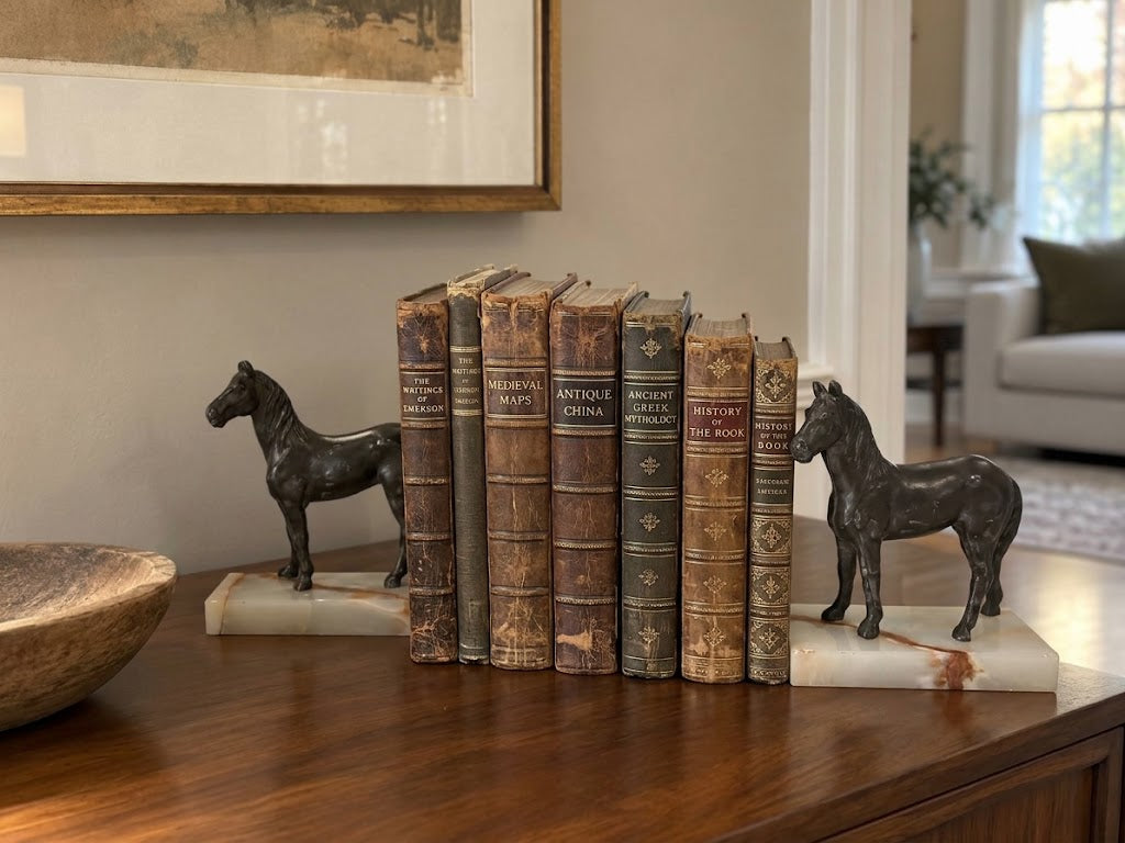 Pair of Horse Bookends, Onyx and Painted White Metal, 5.5"