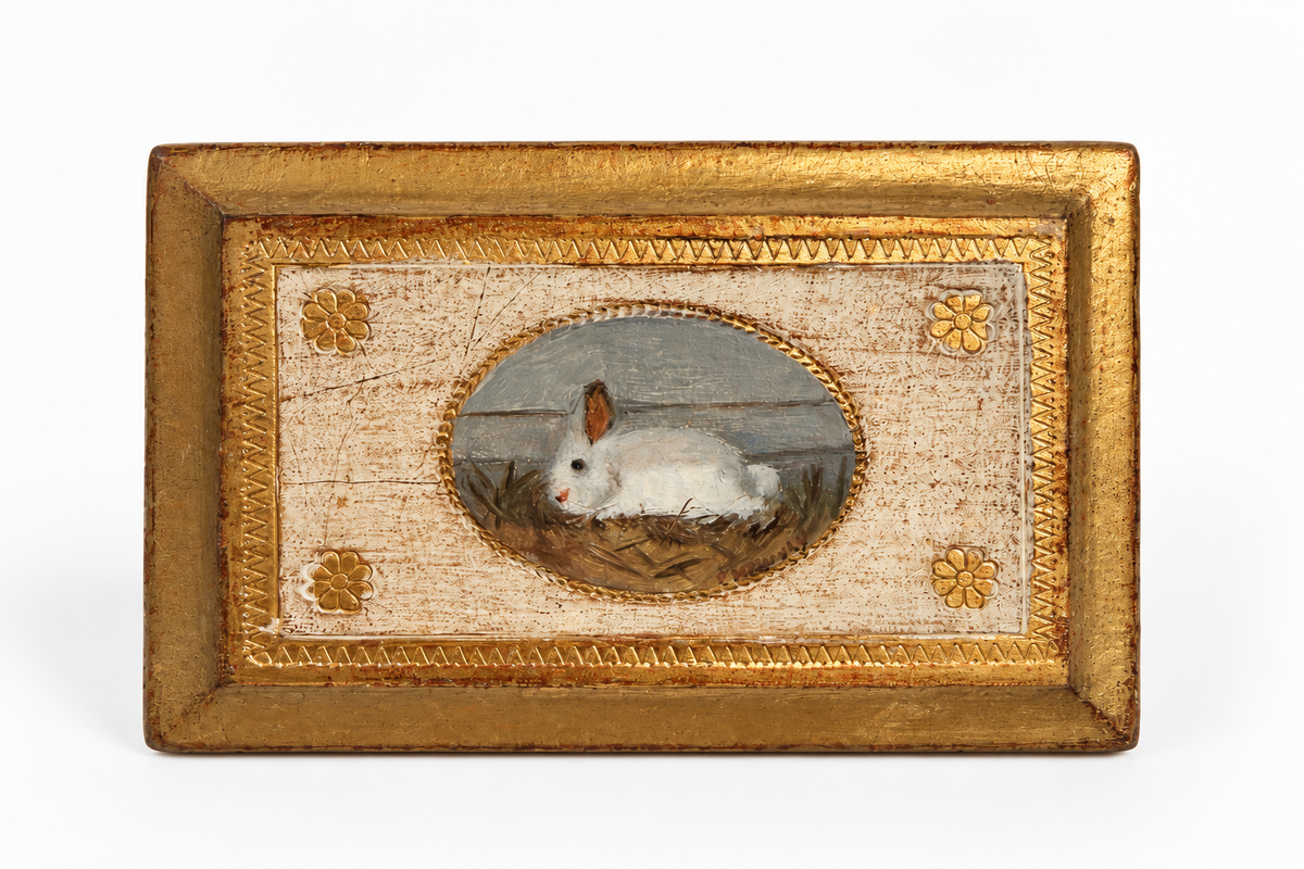 Pat McCarthy Vintage Rabbit Painting — 4" x 6" Gilded Miniature on Anntique Florentine Board