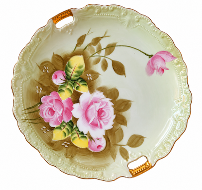 Antique Thomas Hughes &amp; Son Hand-Painted Pink Rose Porcelain Tray with Gilded Handles