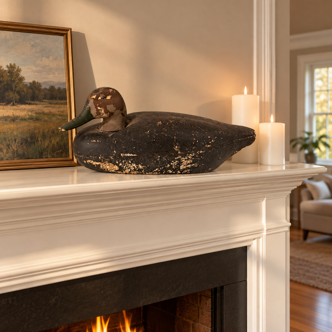 Vintage cork duck decoy with wooden head on a white painted mantel in a warm putty-colored room
