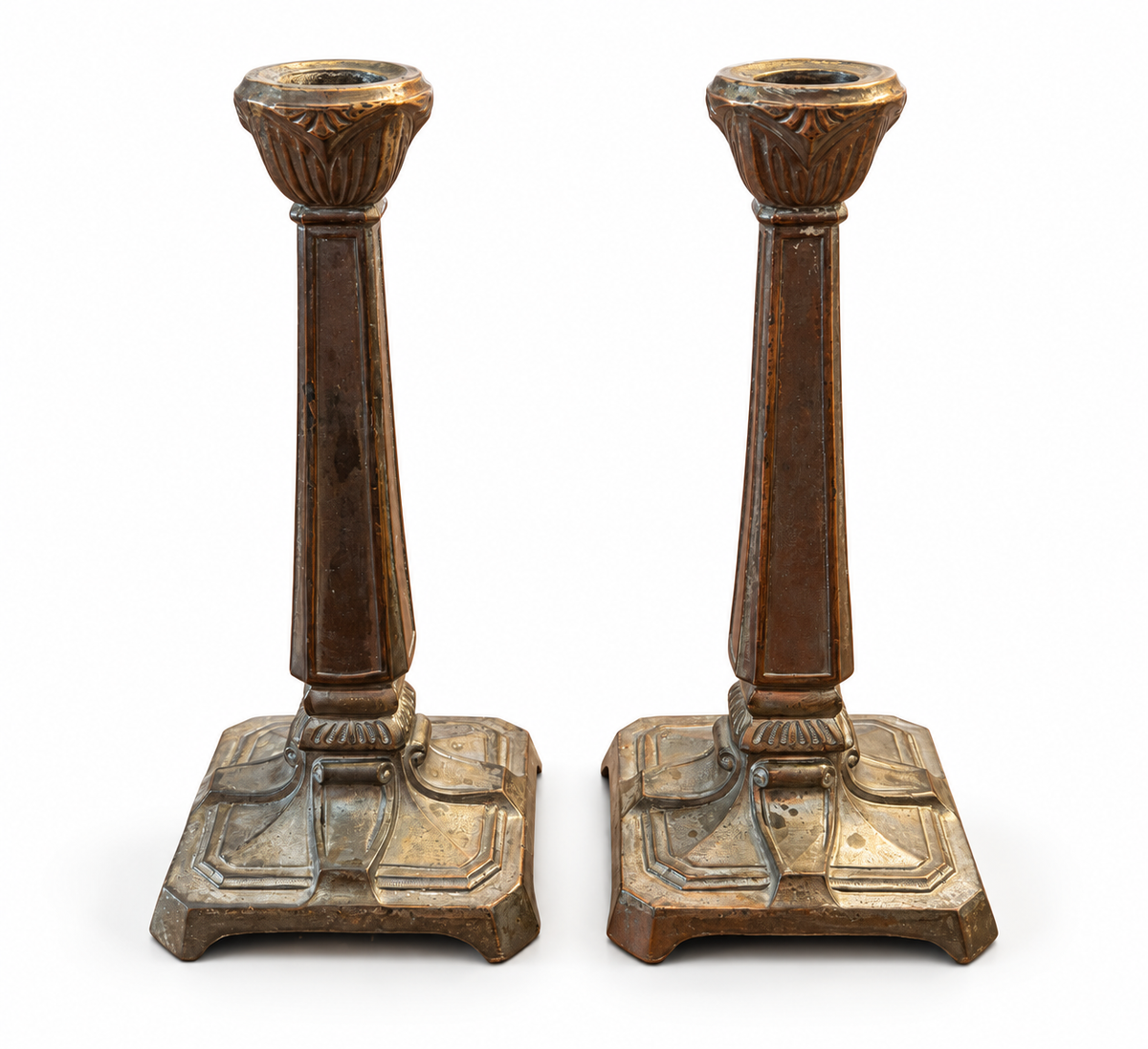 Vintage Ornate Metal Candlesticks with Architectural Bases – Pair
